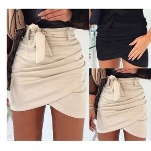 Cream Faux Suede Tulip Wrap Mini Skirt A-Line High Waist Tie Front NWT